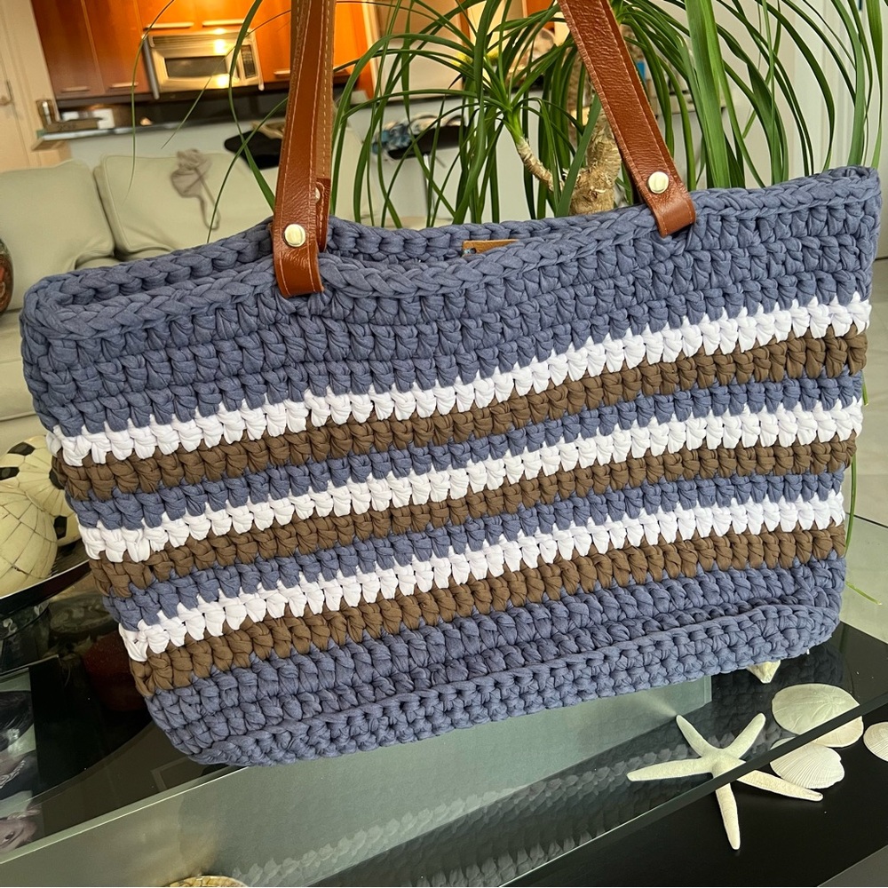 HANDMADE STYLISH CROCHE LARGE TOTE BAG BLUE BROWN & WHITE